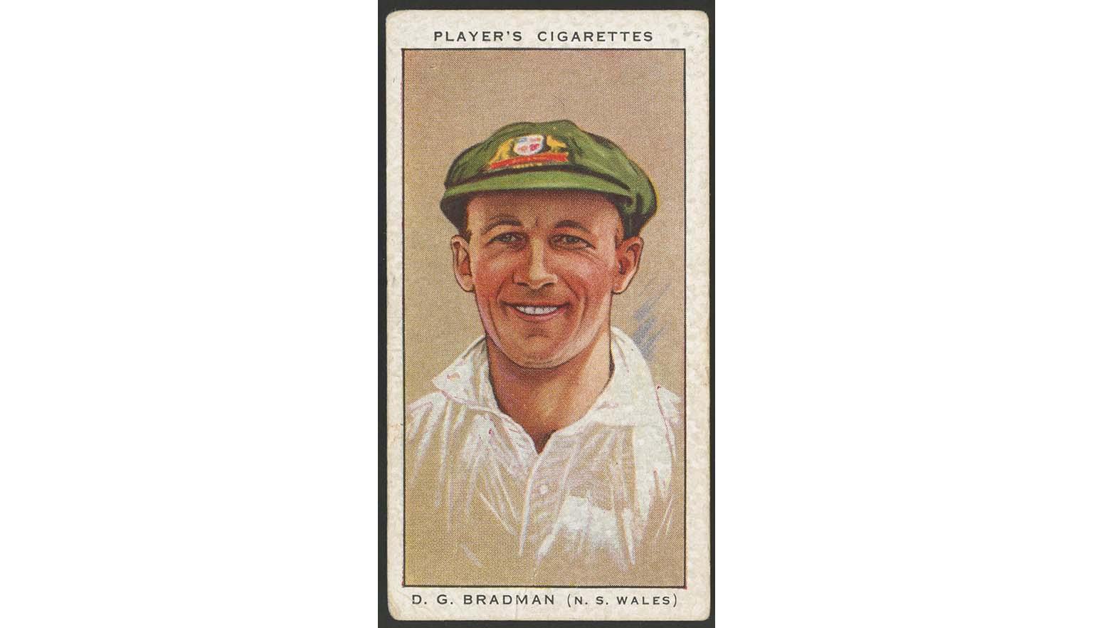 Image of an old Player's Cigarettes card showing a pastel drawing of Donald Bradman