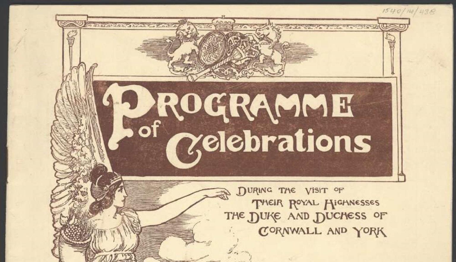 Illustrated cover featuring an angelic figure beside the map of Australia for the programme of celebrations marking the opening of the first Parliament, May 1901