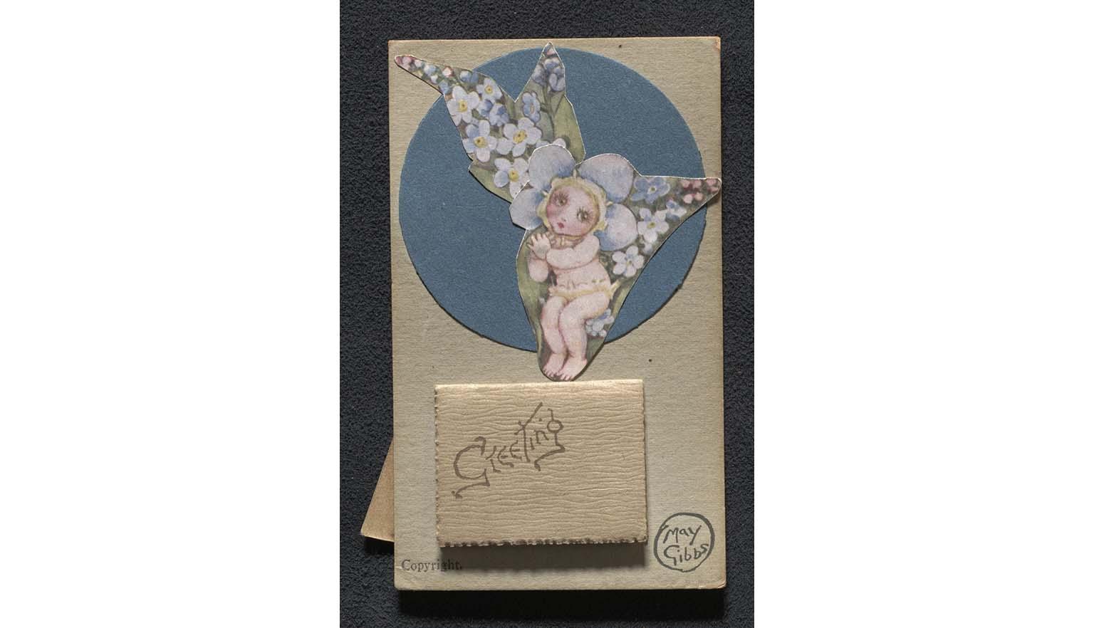 Image of a calendar featuring Gumnut baby amongst forget-me-nots