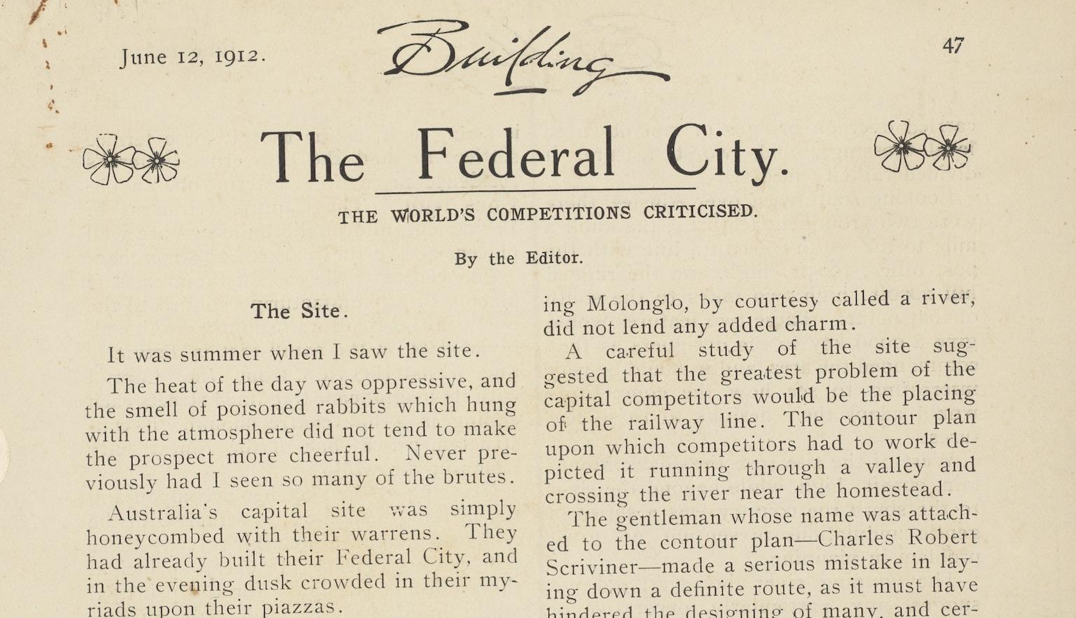 Page of a journal showing the beginning of an article called 'The Federal City' with a photo of several men examining the site