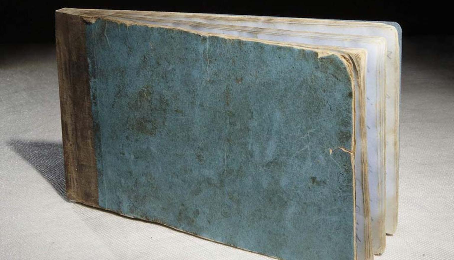 A photo of a tattered old blue book.
