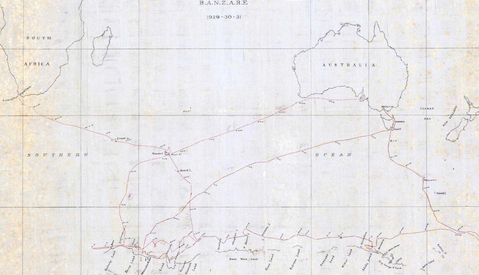 Map showing outlines of South Africa, Australia and a portion of the coast of the Australian Antarctic Territory, and the voyages of the British Australian (and) New Zealand Antarctic Research Expedition (BANZARE) during a research expedition into Antarctica