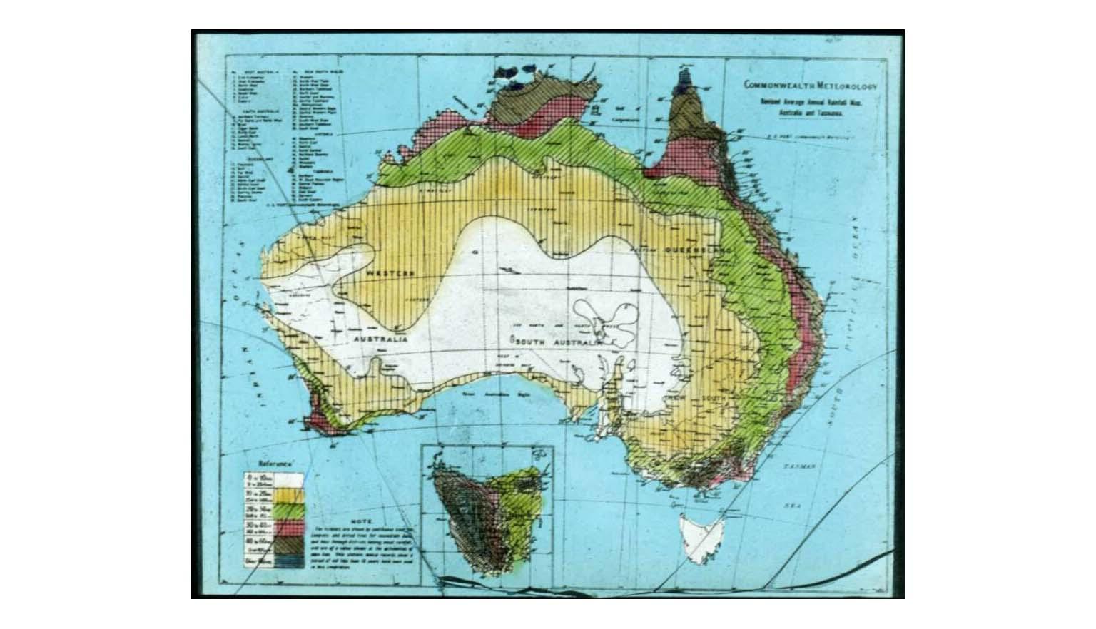 A map of Australia showing different coloured shaded areas of annual rainfall.
