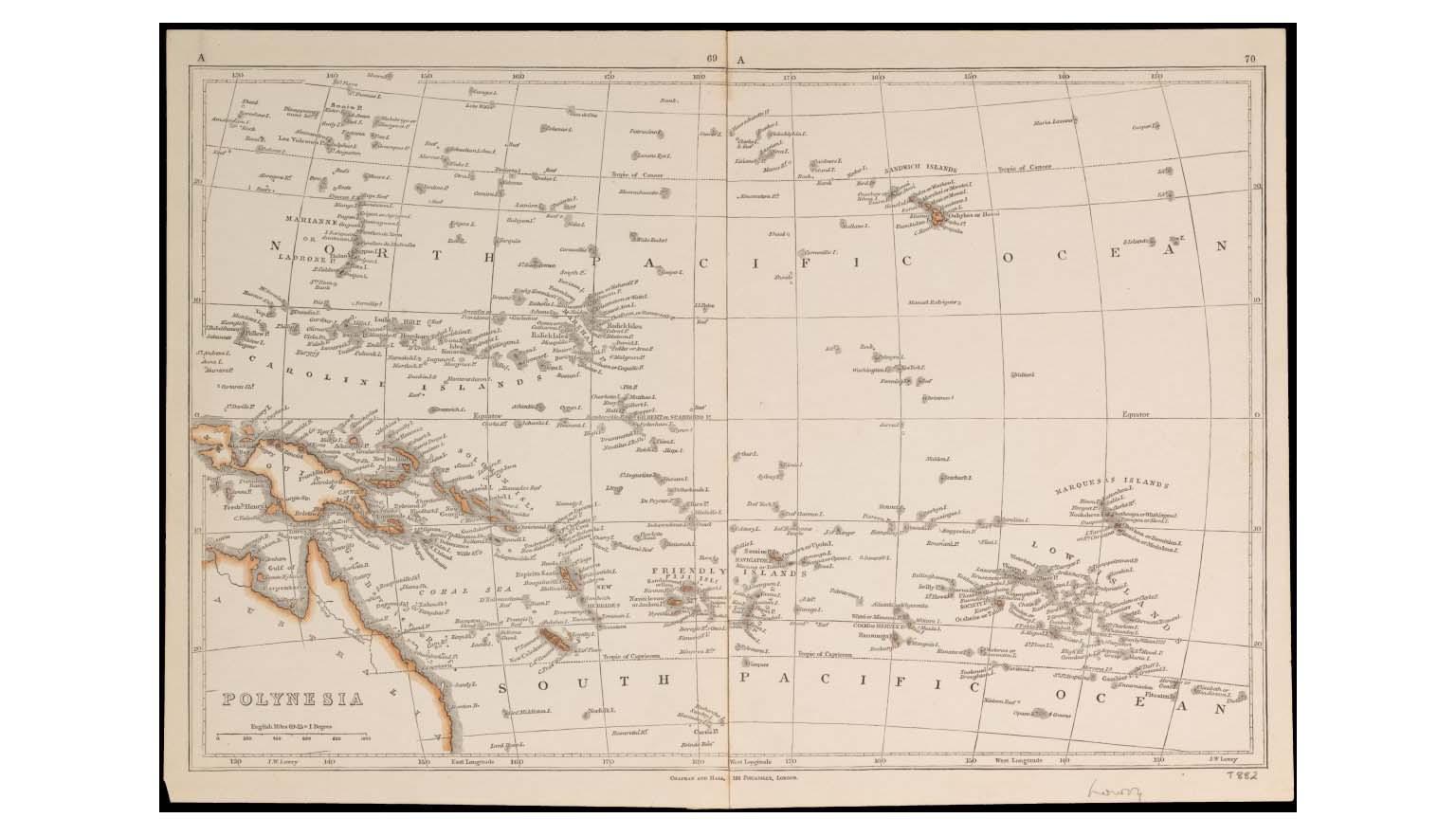 A large beige map showing the islands of Polynesia in context with surrounding regions. The map has large text at the top and bottome labeling the regions as "North Pacific Ocean" and "South Pacific Ocean". In the bottom left hand corner, Australia's North-East coast can be seen along with Papua New Guinea
