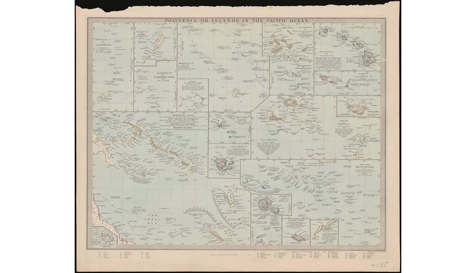 A map showing the islands of Polynesia. The map is broken into a variety of insets, each focussing on geographically close islands and island chains. Across the top is a title "Polynesia or islands in the Pacific Ocean" Under the map are various keys and more information
