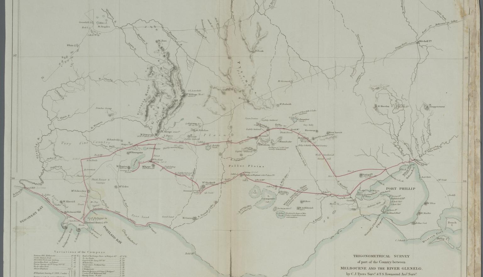 Two page map showing distance and relative locations between Melbourne and River Glenelg