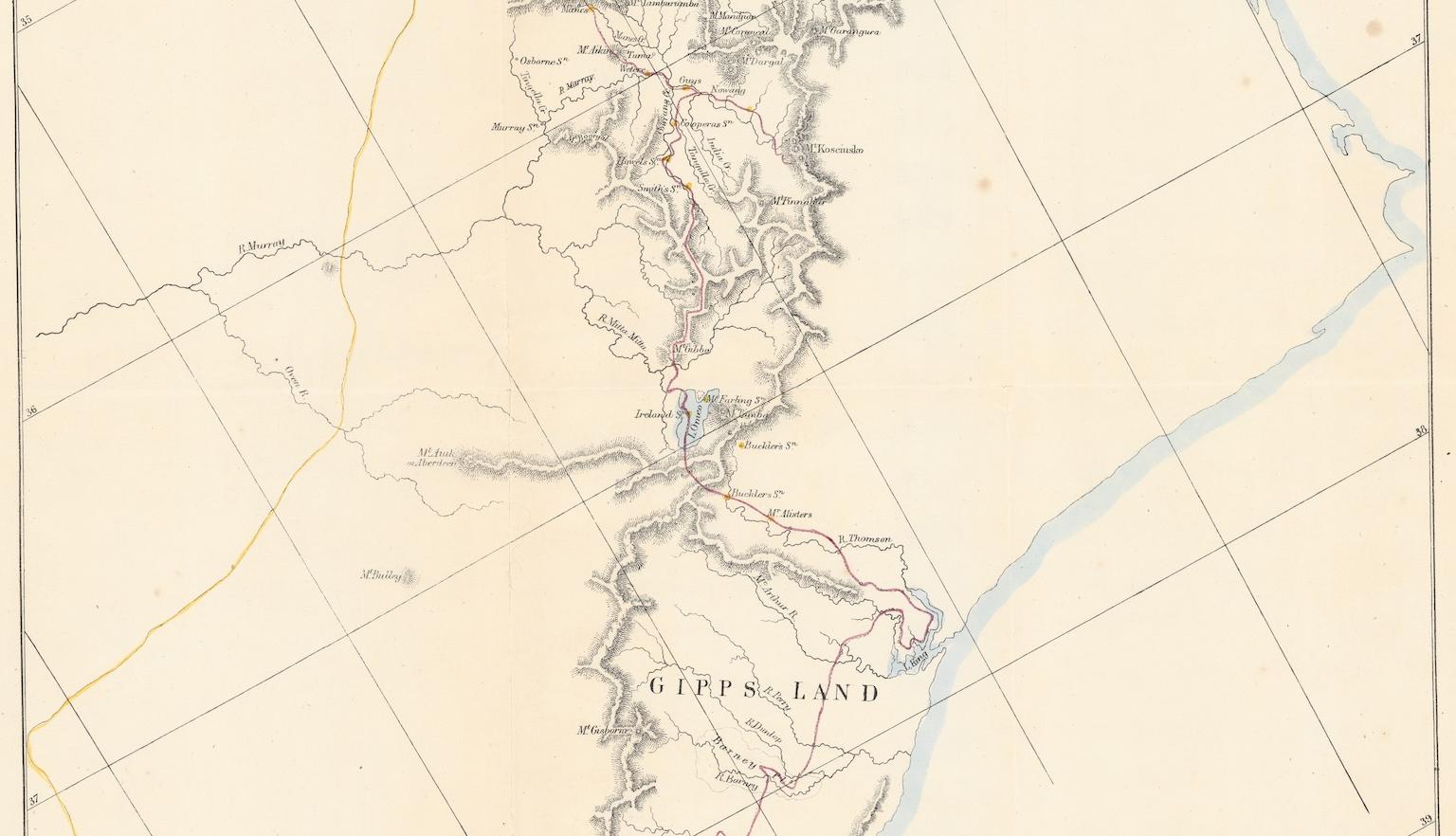 Map showing route through Australian Alps between Yass Plains and Port Phillip