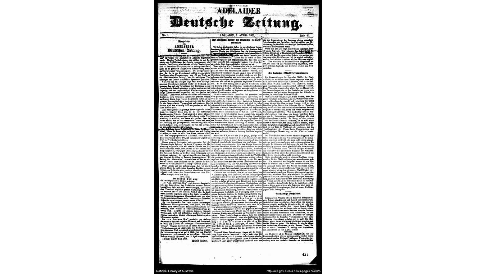 A page from the Adelaider Deutsche Zeitung, 1851.
