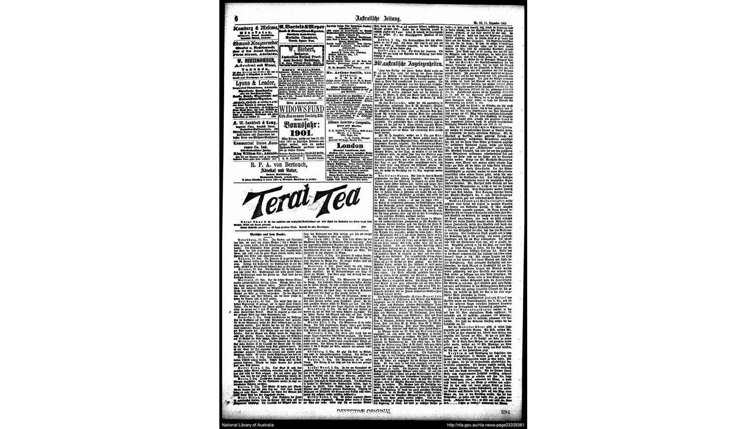 A page from the South Australian Newspaper in German.