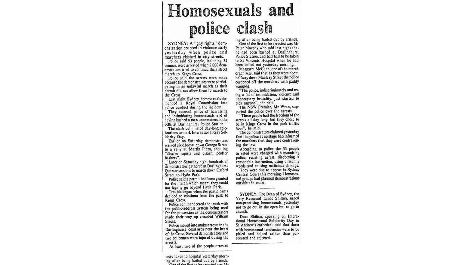 Newspaper clipping of an article titled 'Homosexuals and police clash'