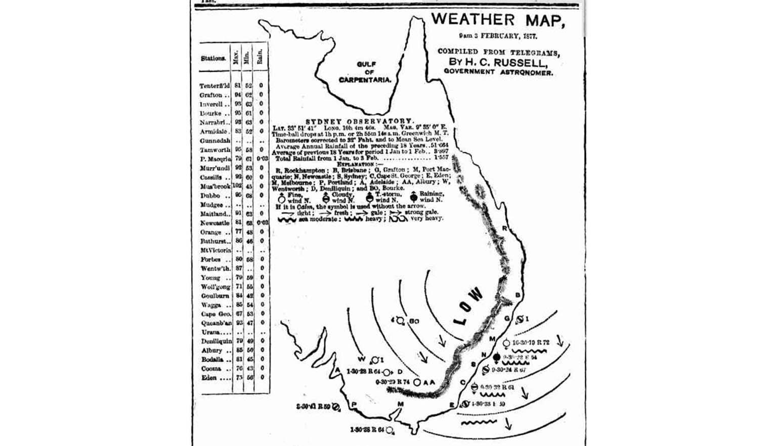 an image of a map showing an outline of the eastern half of Australia with about 30 towns down the side with their minimum and maximum temperatures.