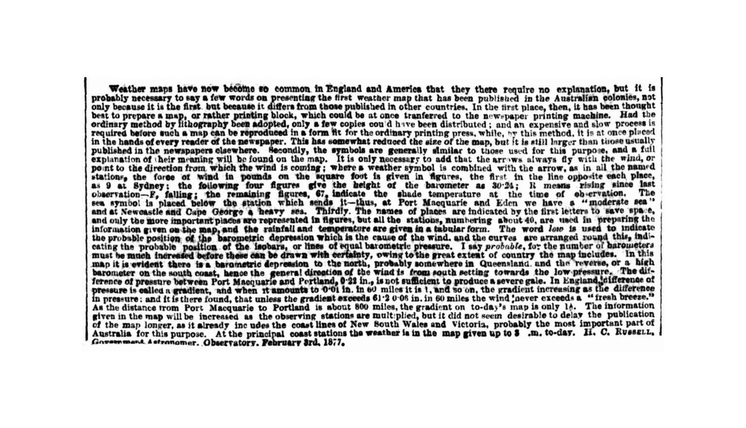 Extract showing news print about the weather from an old newspaper article.