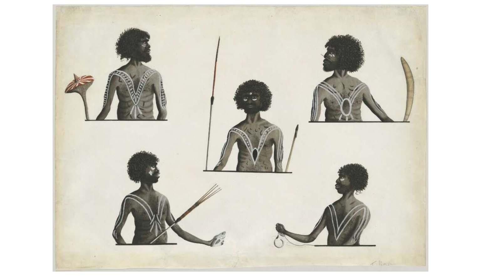 five paintings of an Aboriginal man with various tools