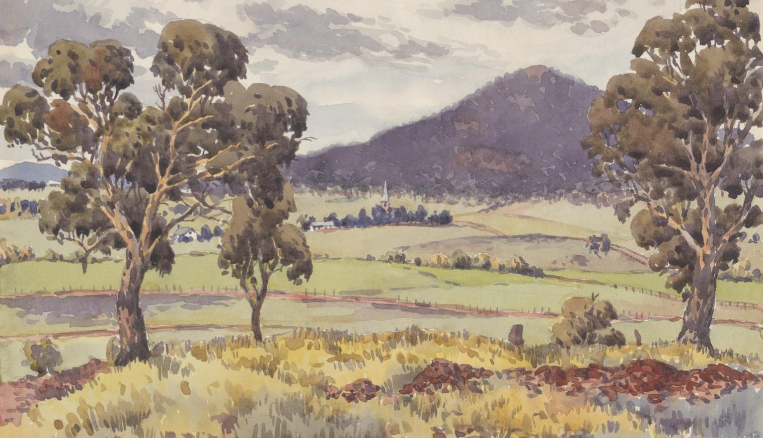 Landscape watercolour showing trees, hilly, grass covered terrain, few small buildings and a mountain in the distance