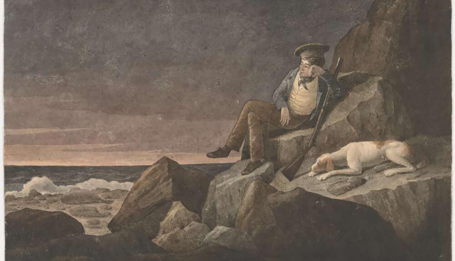 A painting of a man resting on a rocky cliff overlooking the sea at dusk. He leans against the rock, holding a rifle, with his chin resting on his hand. A dog lies beside him on the ground, sleeping. The ocean waves crash against the rocks below, and the sky is dark with muted tones, suggesting evening or approaching night.