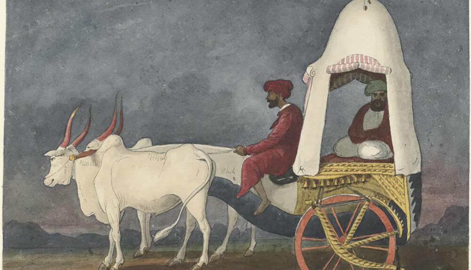 A painting of an Indian bullock cart being drawn by two white oxen with large, curved horns. A man dressed in red sits on the front of the cart guiding the oxen, while another man in traditional attire is seated comfortably under a domed canopy in the back of the cart. The backdrop features a muted evening sky with distant mountains, adding to the serene and regal atmosphere of the scene.