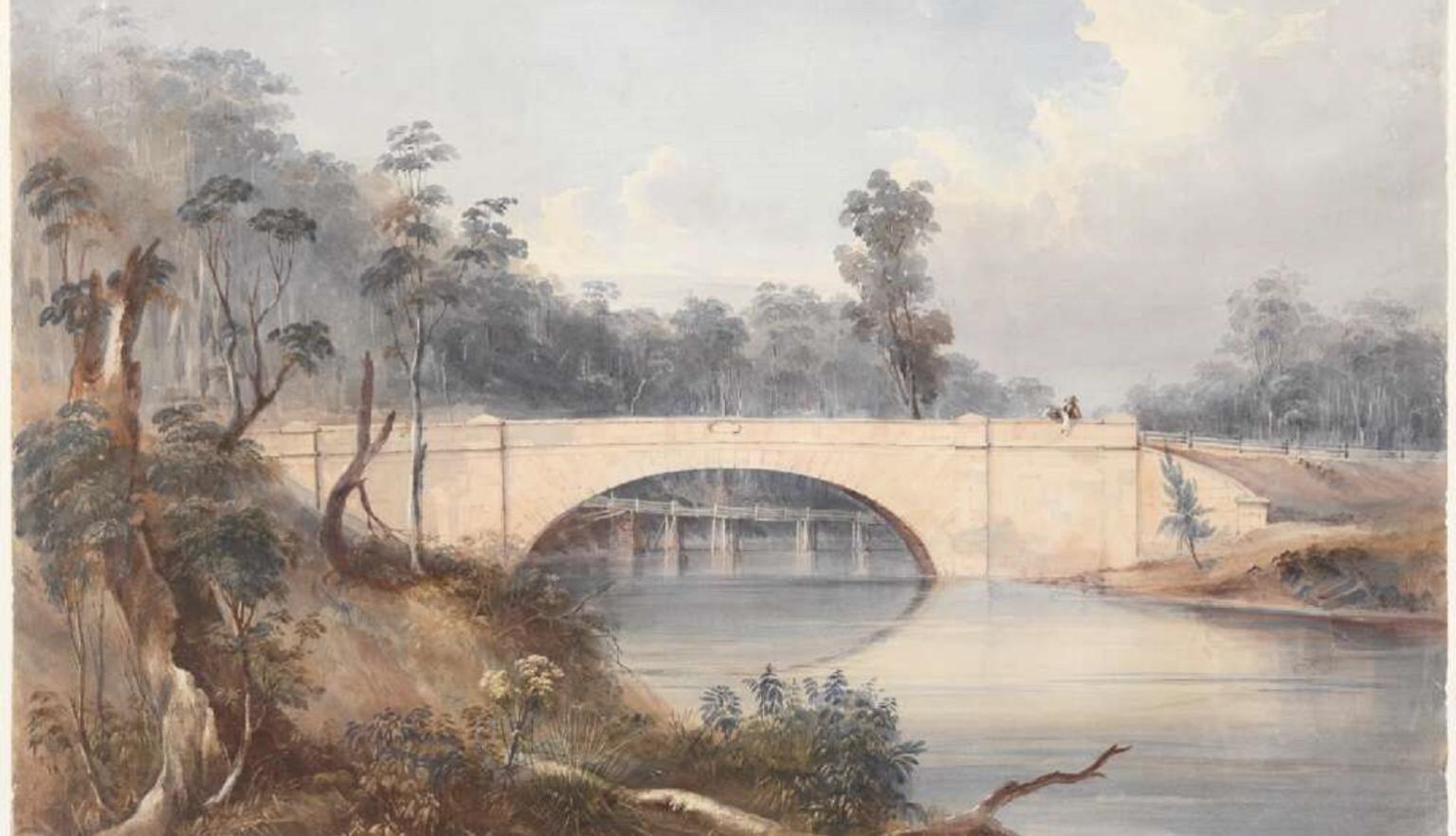 A watercolour creek with water flowing gently under a bridge with two people looking down at the water. 