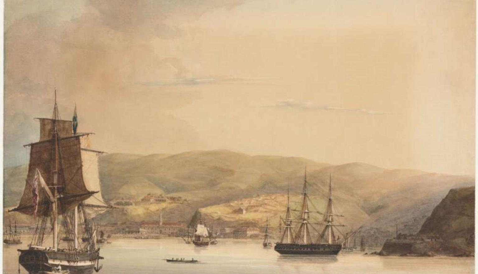 A port in a bay with rolling mountains in the background. the bay has various sized boats. 