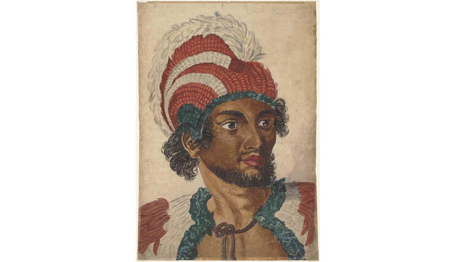 Watercolour painting of a man from the Sandwich Islands wearing a helmet