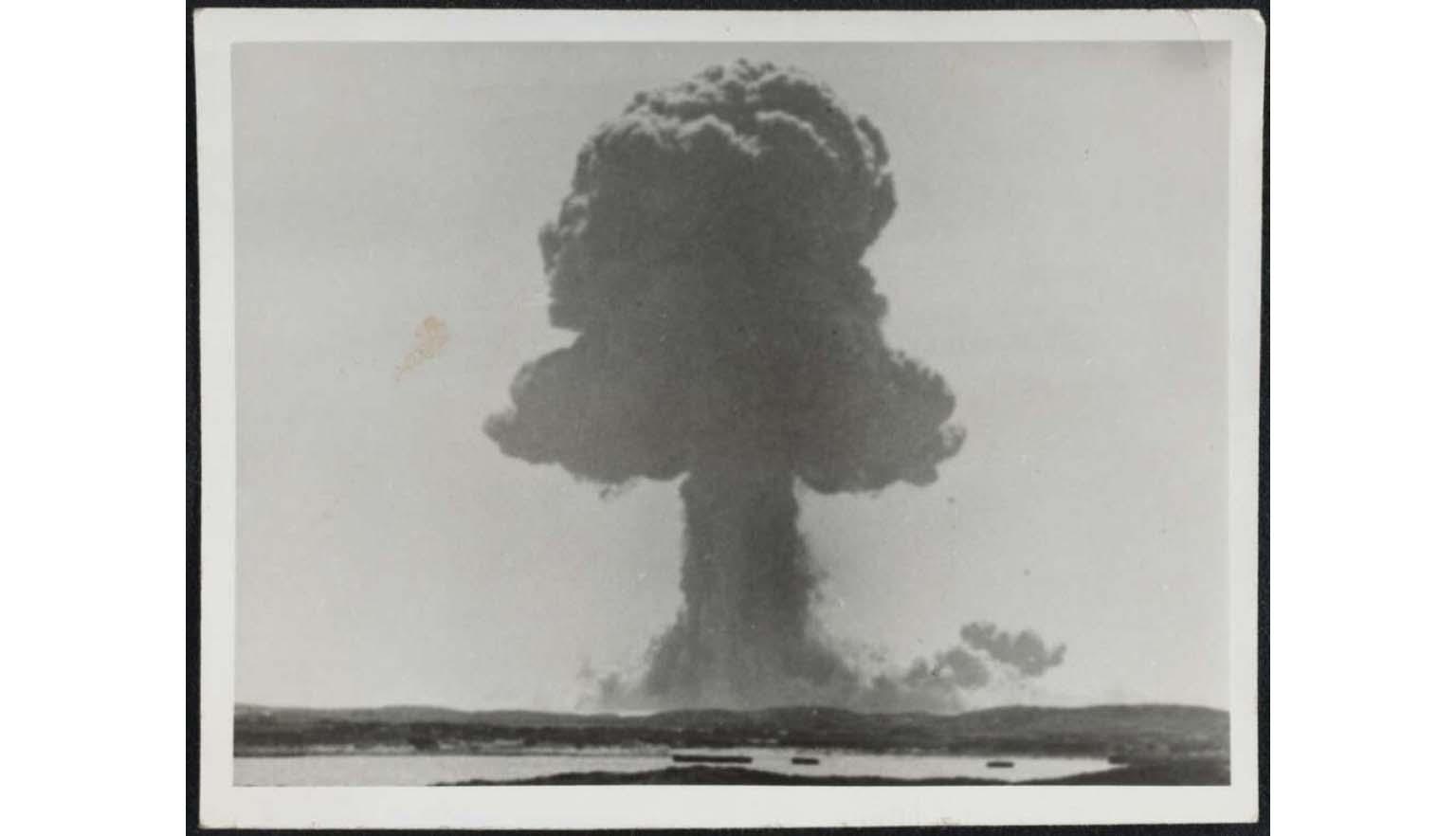 black and white photograph of the mushroom cloud from a nuclear blast