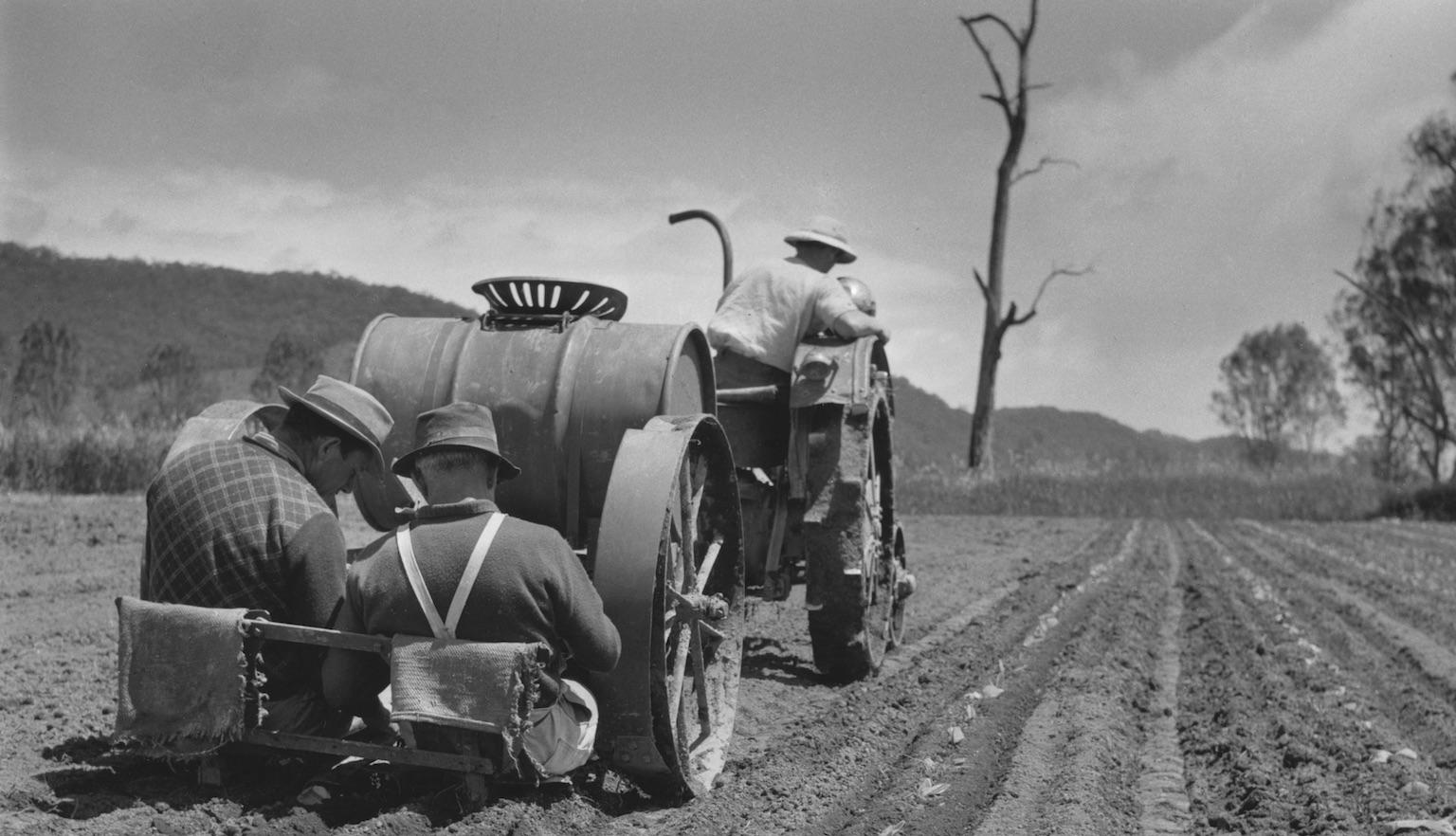 Black and white photo of three men on a tractor, one driving and the other two sitting at the back