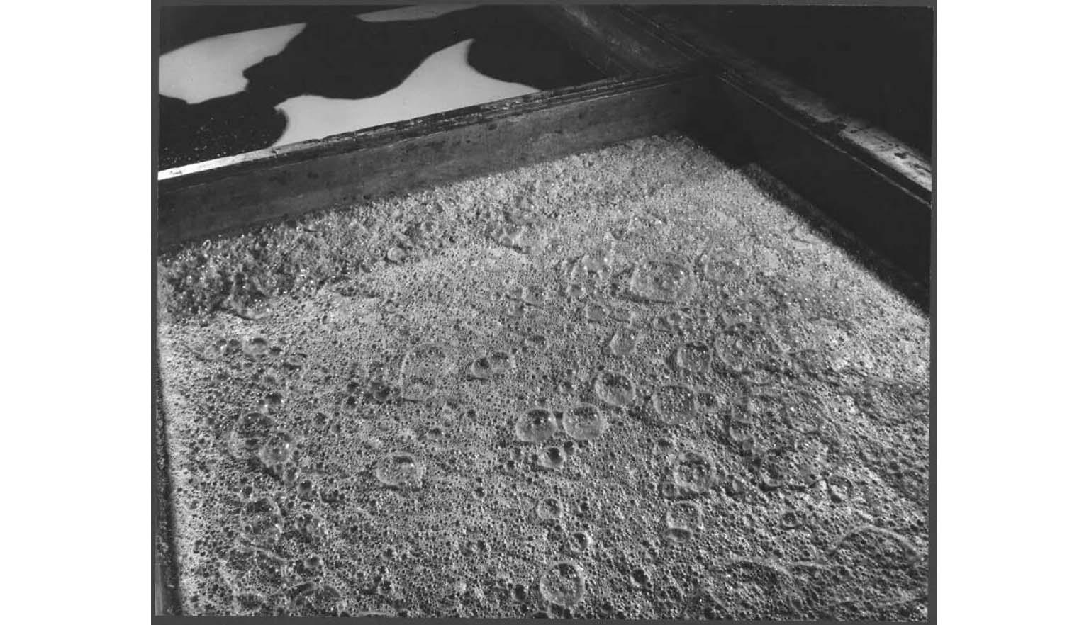 black and white photograph of foaming liquid