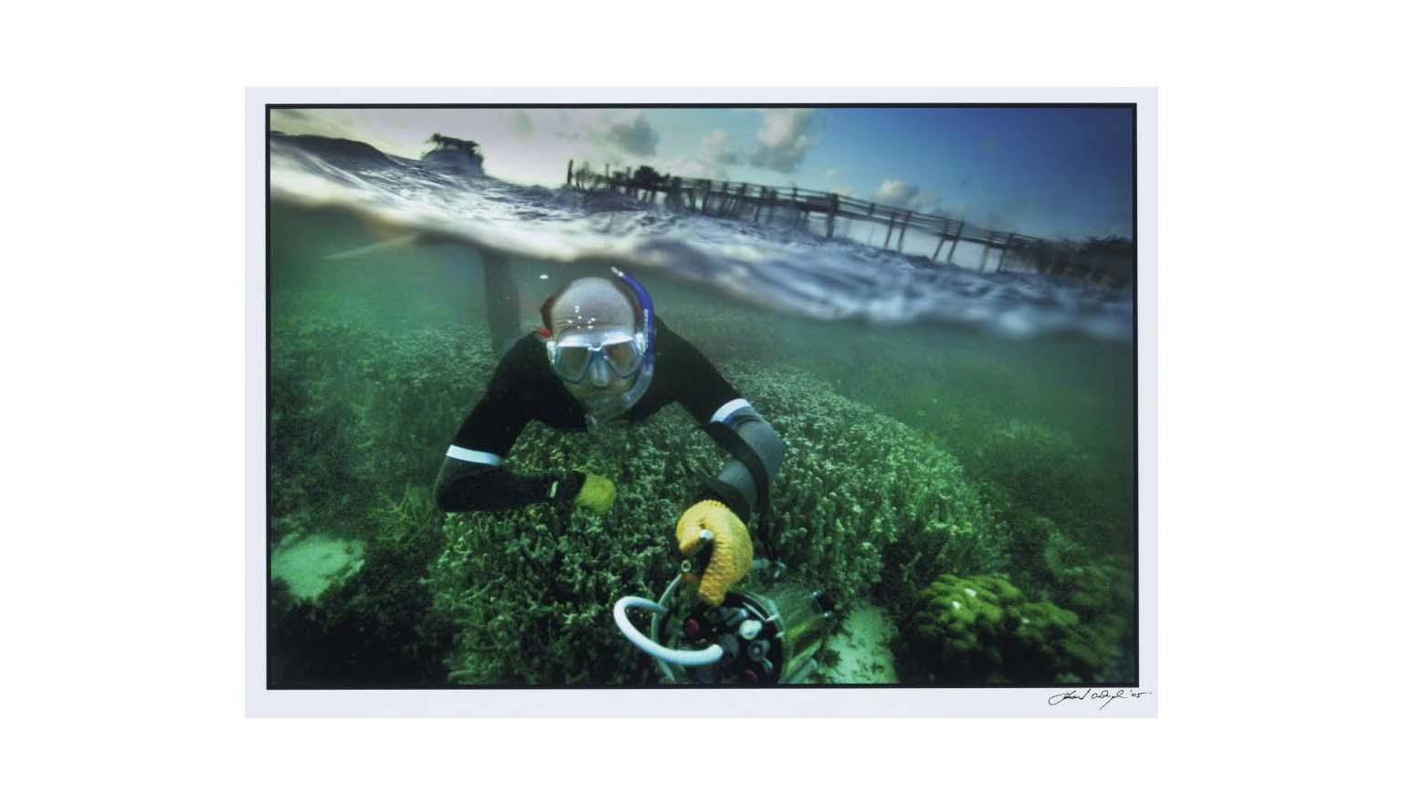 A man snorkeling underwater with a prosthetic arm carrying a flourometer.