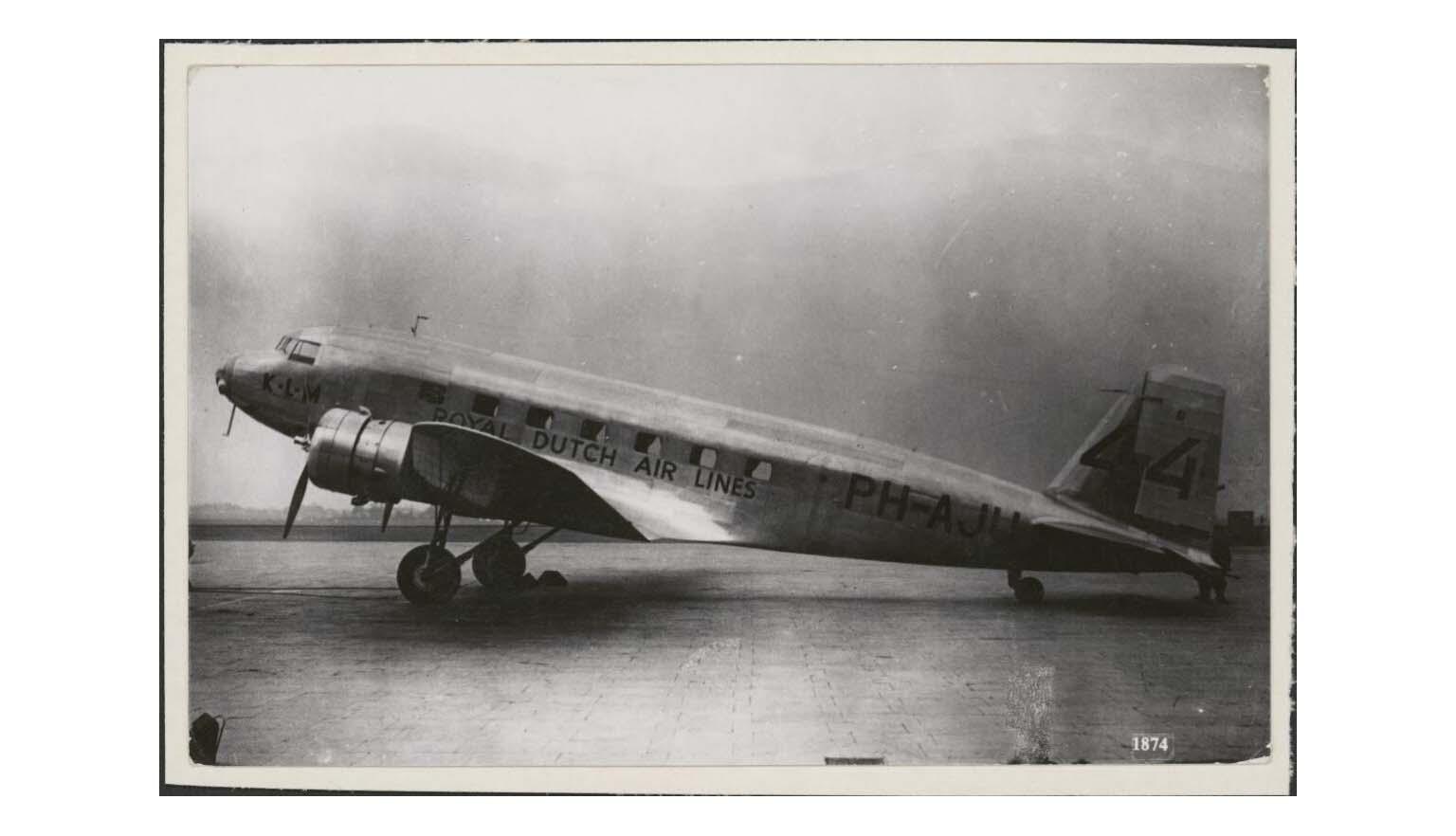 black and white photograph of a Dutch airplane in profile