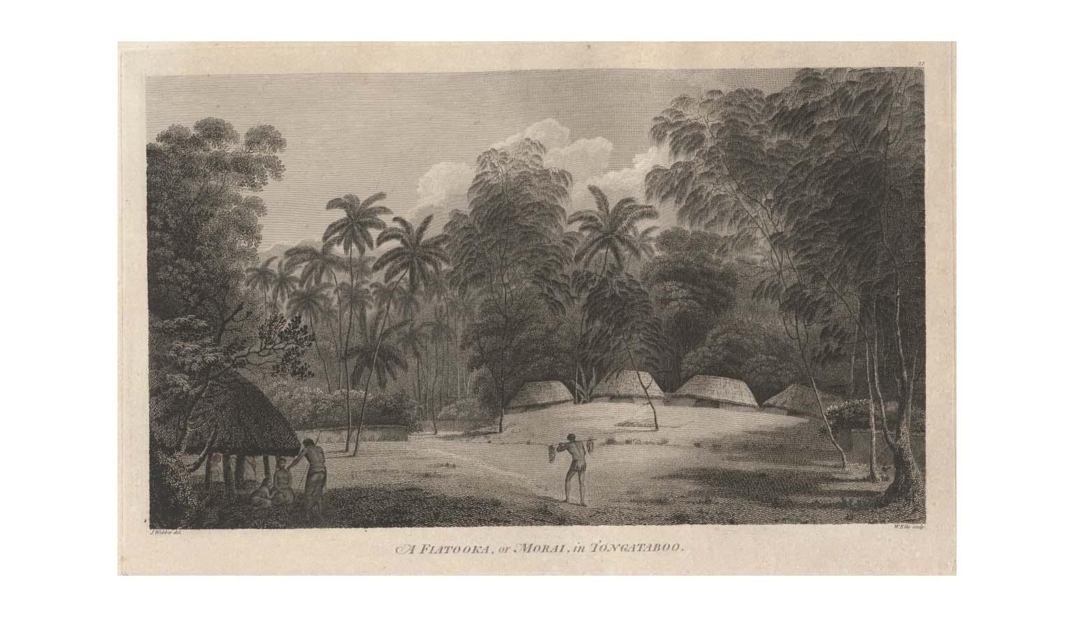 A clearing in a forest. The grassy area is slightly hilly. On the crest of the hills are a number of huts with thatched roofs. A figure walks through the centre of the image carrying a yoke with baskets or buckets attached. In the foreground to the left a figure is leaning on a spear or stick while talking to two seated figures