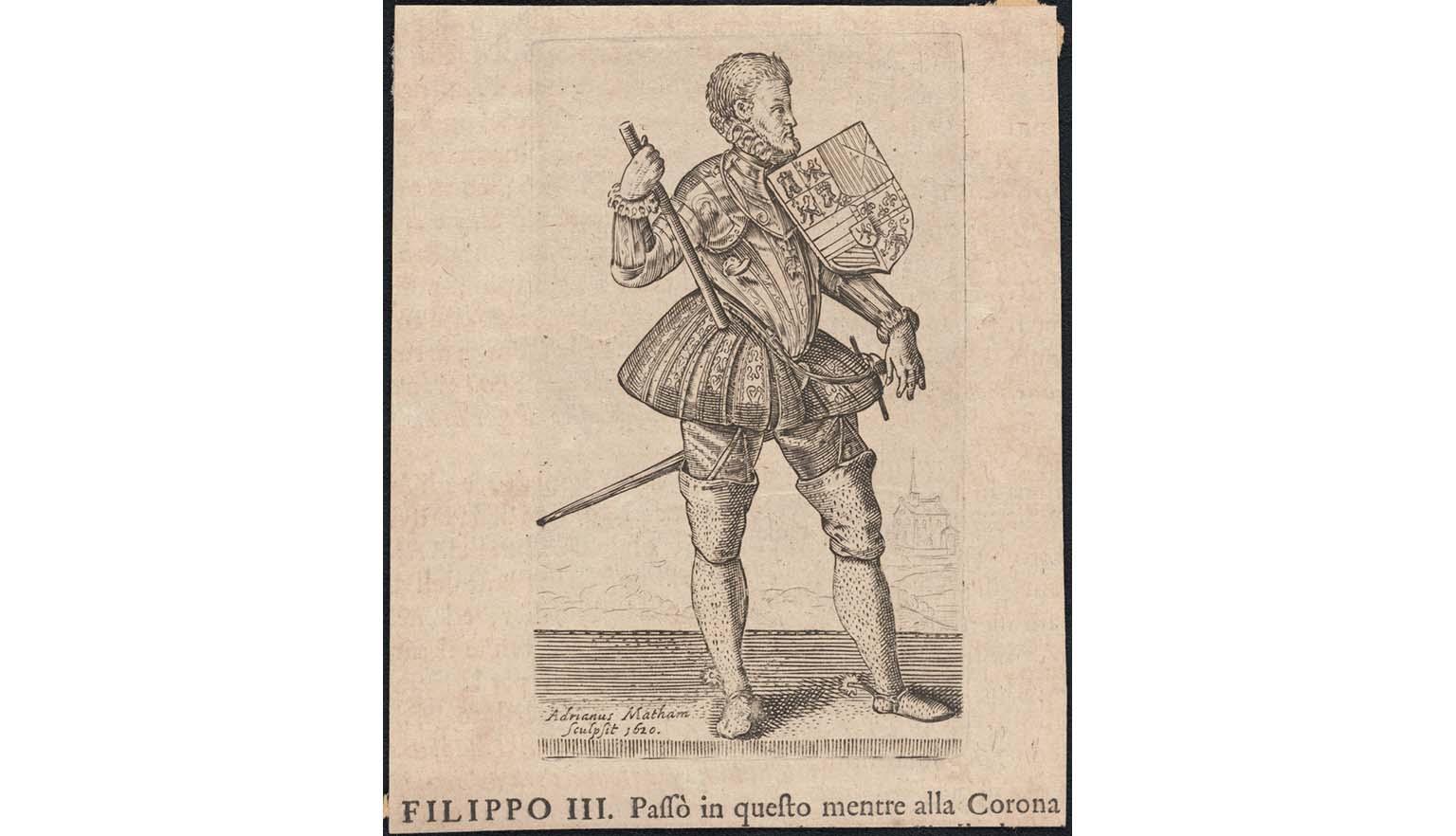 A print of a man wearing medieval clothes and armour. He has a small shield on his arm baring a coat of arms. He is holding a baton. Below his image are words in Italian: 'Filippo III, Passo in questo mentre alla Corona...'