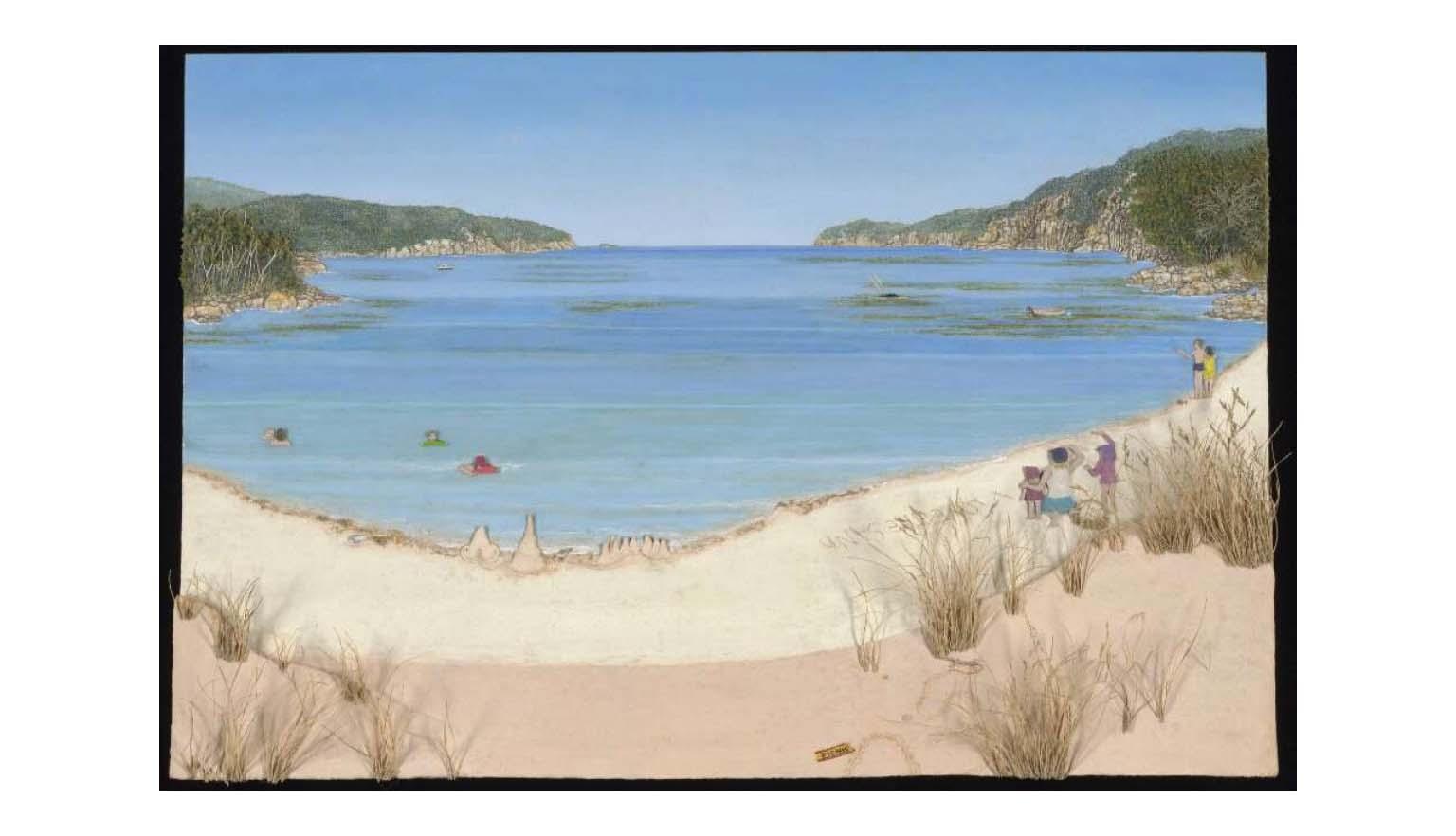Fortescue Bay at high tide with figures of people on the sand