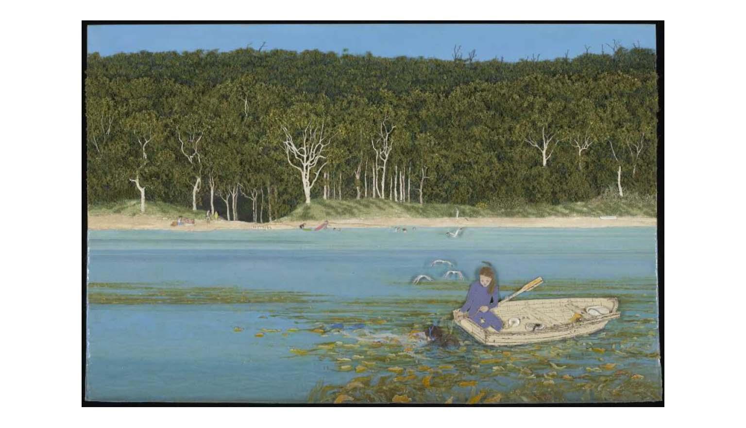 A girl sits in a rowboat on a tree-lined Fortescue Bay