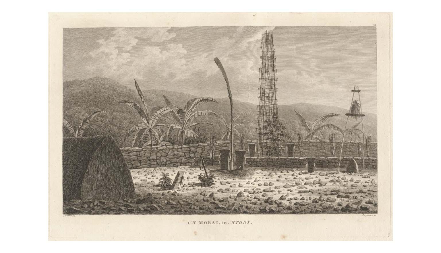 The inner courtyard of a ceremonial compound. The ground is littered with rocks and small pebbles. In the foreground is a straw or thatched triangular hut. In the centre rear of the compound is a large tower constructed of vines or thin poles. There is a smaller tower that resembles a bell tower but in place of a bell is foliage. The background is dominated by a mountain range shrouded in vegetation