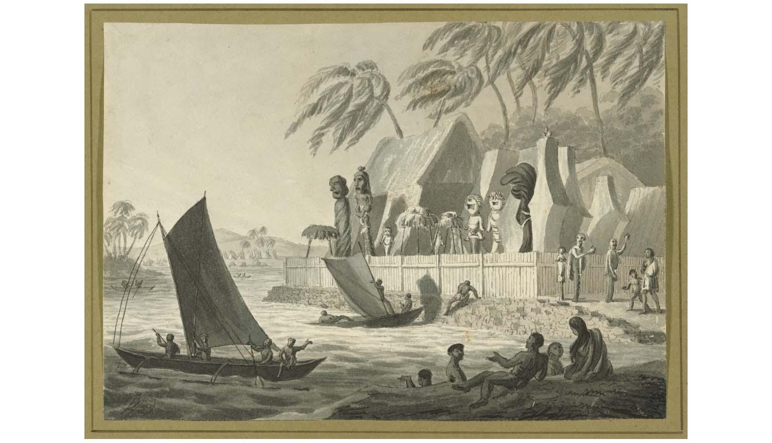 A large ceremonial structure sits on the shores of a lake or ocean. It is surrounded by people. In the foreground are two sailing canoes. In the background are palm trees, seemingly blown by a strong wind. Inside the fence of the ceremonial site are large carved states and a large thatched roof building