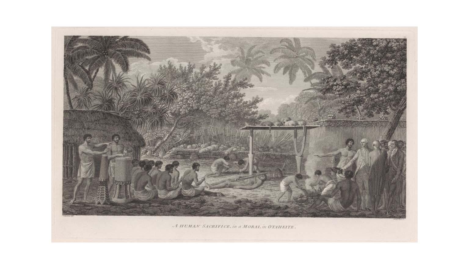 A ceremony is being conducted. Two men perform on drums while a group of men are seated facing the centre of the image. Another group are seated around a fire. To the very right of the foreground a Polynesian man gestures to the ceremony to a group of European men. In the centre of the image a man lies bound to a pole. Two other men are digging a hole. Lined up on the wall behind them is a collection of human skulls
