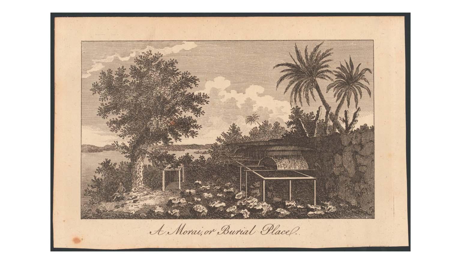 A perspective drawing of a ceremonial compound. Within the courtyard are two structures, one has a thatched roof. There are large rocks littering the ground. The compound is on the shore of a body of water. It is surrounded by large trees.