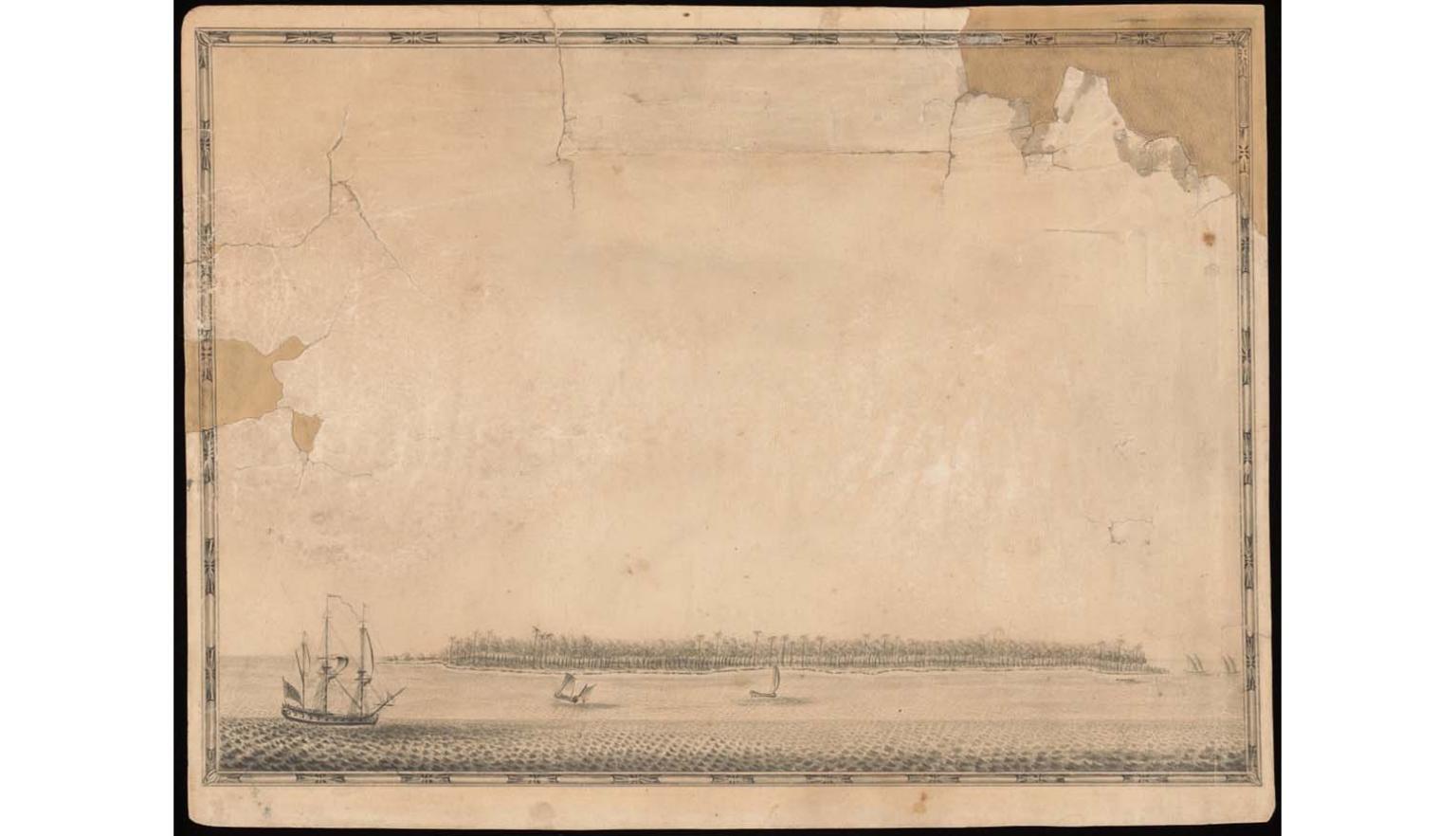 Beige image showing a Pacific island or atoll. A European sailing ship is entering the scene from bottom left. A number of smaller craft, some with sails, some canoe like are dotted about the ocean surrounding the island