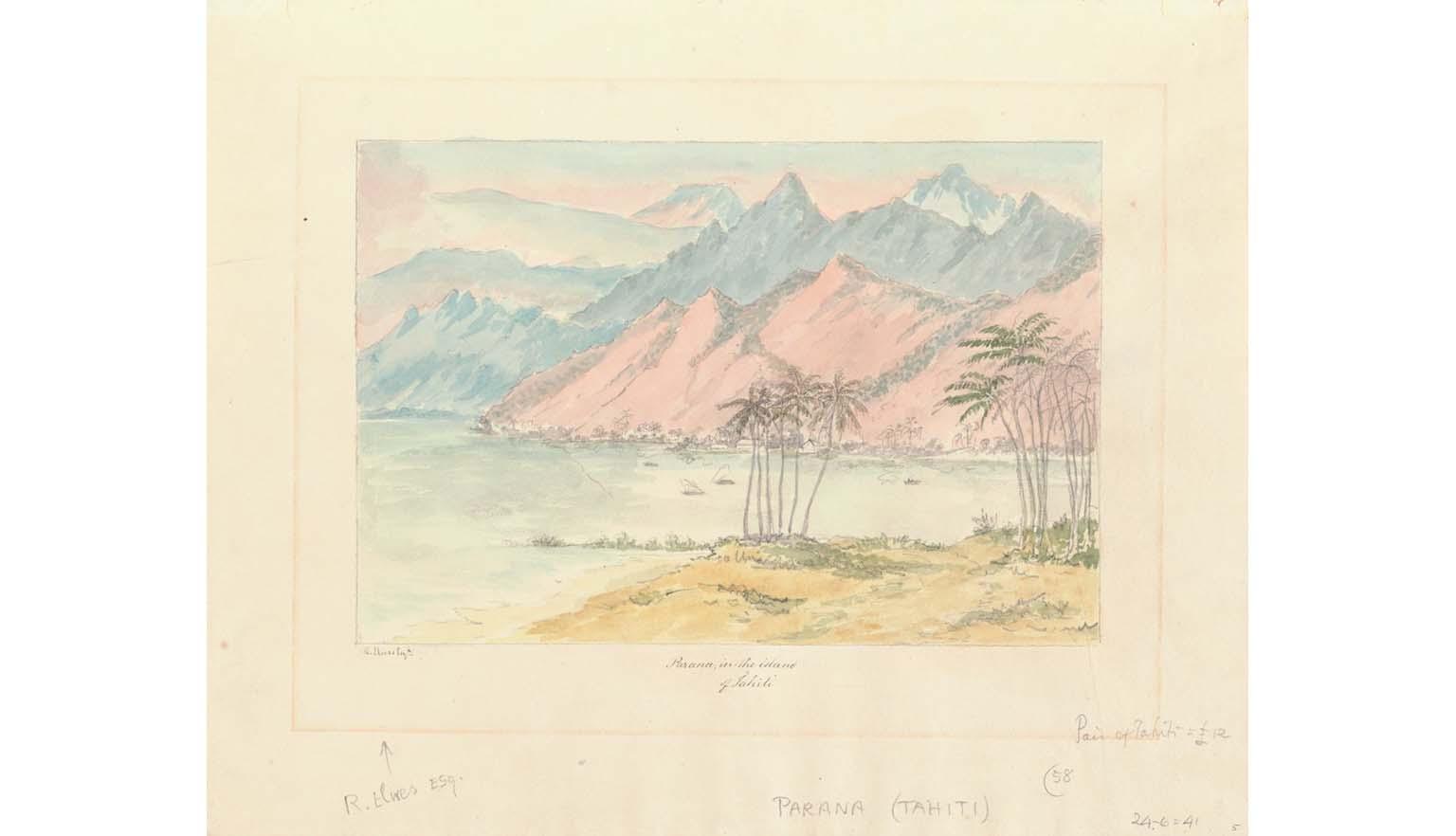 A colourful watercolour showing the coast and mountains of Tahiti. The whole scene is rendered in pastel pinks, greens and blues. In the foreground a grassy shoreline is dotted with palm trees. a bay or inlet seperates the island with the jagged mountains int he background. water craft are dispersed around the water.
