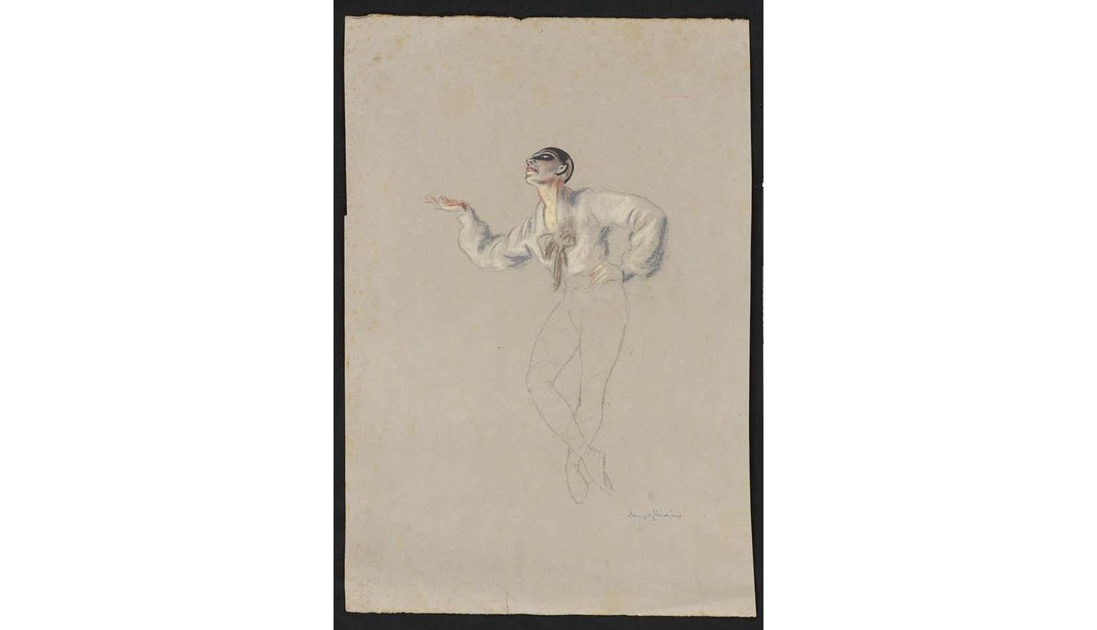 An unfinished sketch of a dancer striking a pose. He is wearing a white blouse, his legs are not finished. He has highly contrasting makeup on.