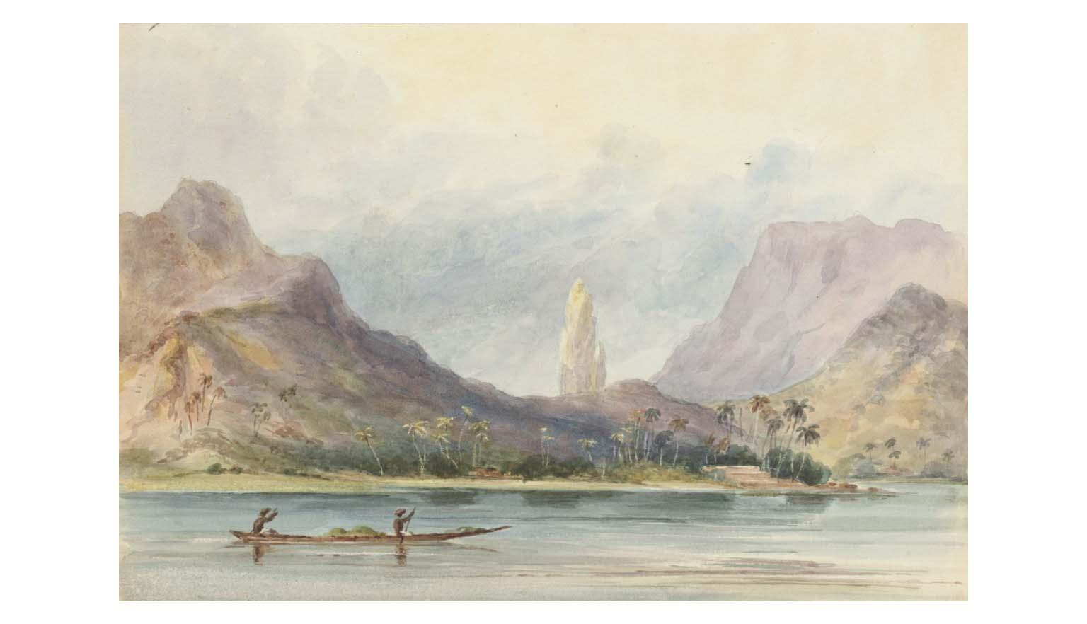 A colourful watercolour showing the mountainous coastline of Tahiti. The mountains are shades of grey, blue and purple. The sky has billowing clouds.The shore is dotted with vegetation. In the foreground, two figures row a long canoe along the coast. The canoe is carrying something, although it's unclear what it is.