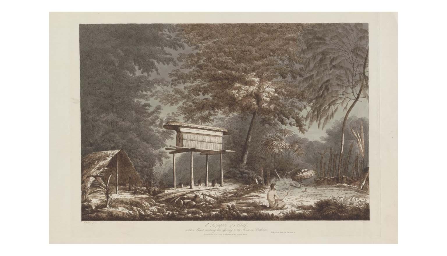 A clearing in a dense forest. A man is seated in the foreground. He is praying and making an offering. To his left stands a thatched hut on high stilts. To the left of the stilted hut is a smaller triangular hut with a thatched roof.