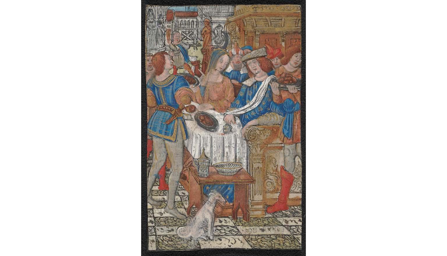 A colourful image of a feast. Men and women are dressed in colourful clothes. There is a table with a white tablecloth. There is a plate of food on the table.