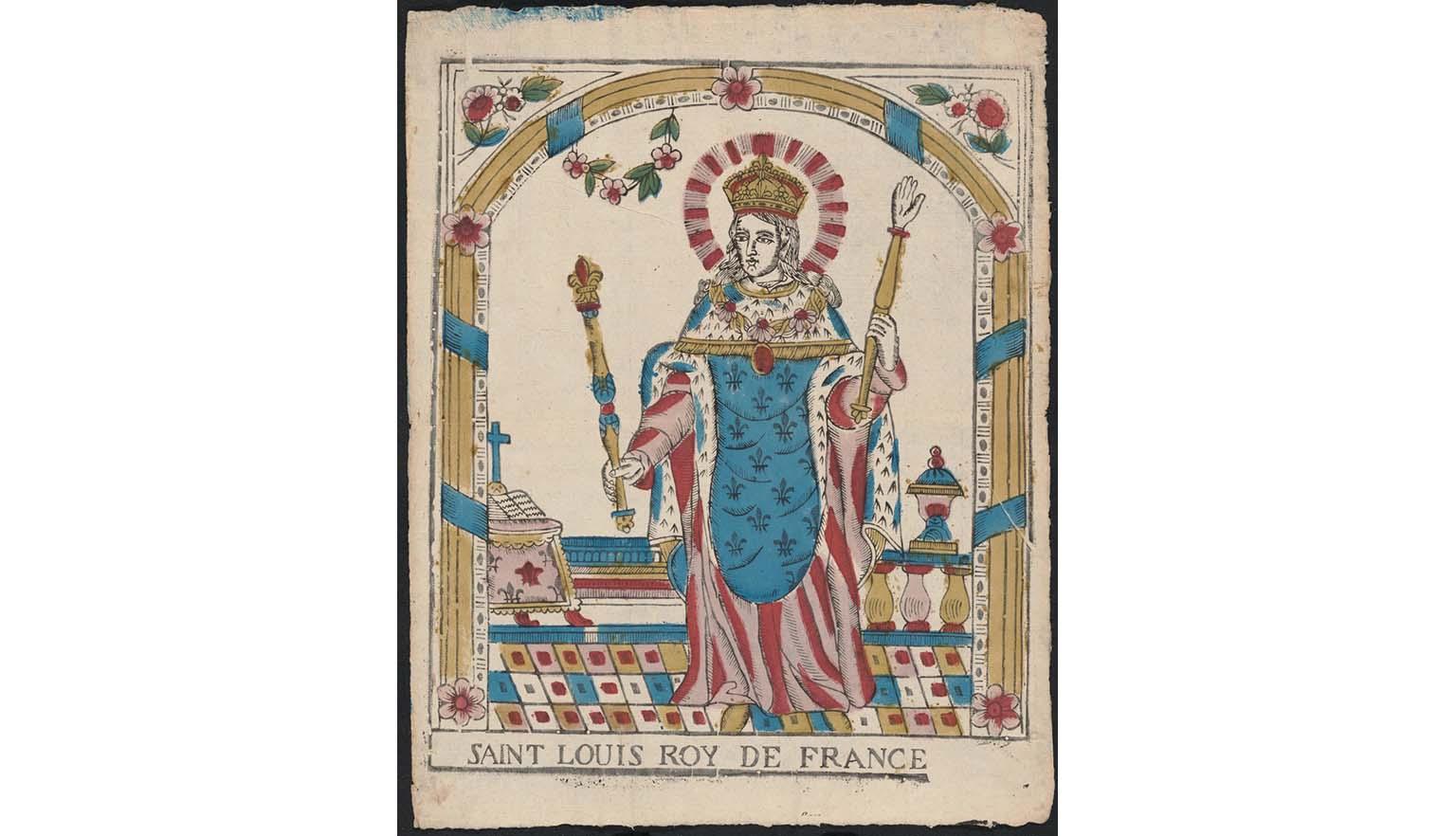 A handpainted print of a man. He is wearing a crown and holding two sceptres. He has long flowing robes. Below him are words in French: 'Saint Louis Roy de France'