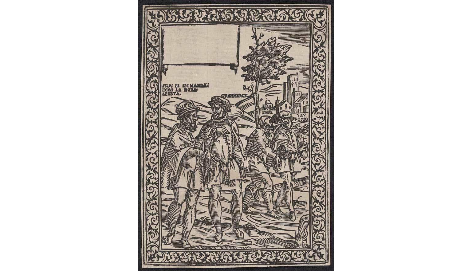 A woodblock print of four men walking across a field in front of a church