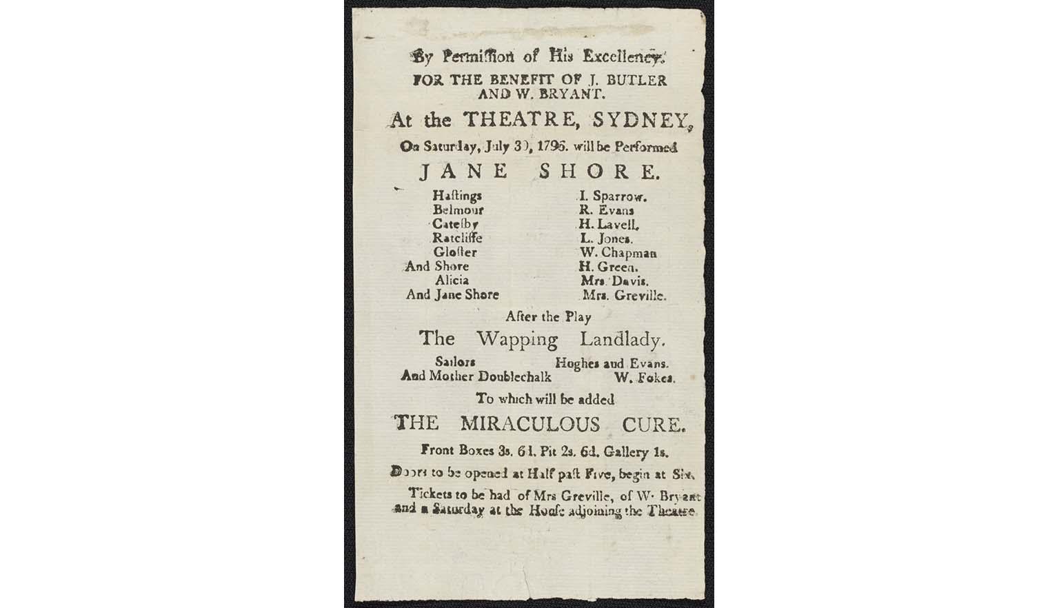 Copy of a printed playbill containing details for a performance of Jane Shore at the Sydney Theatre in 1796.