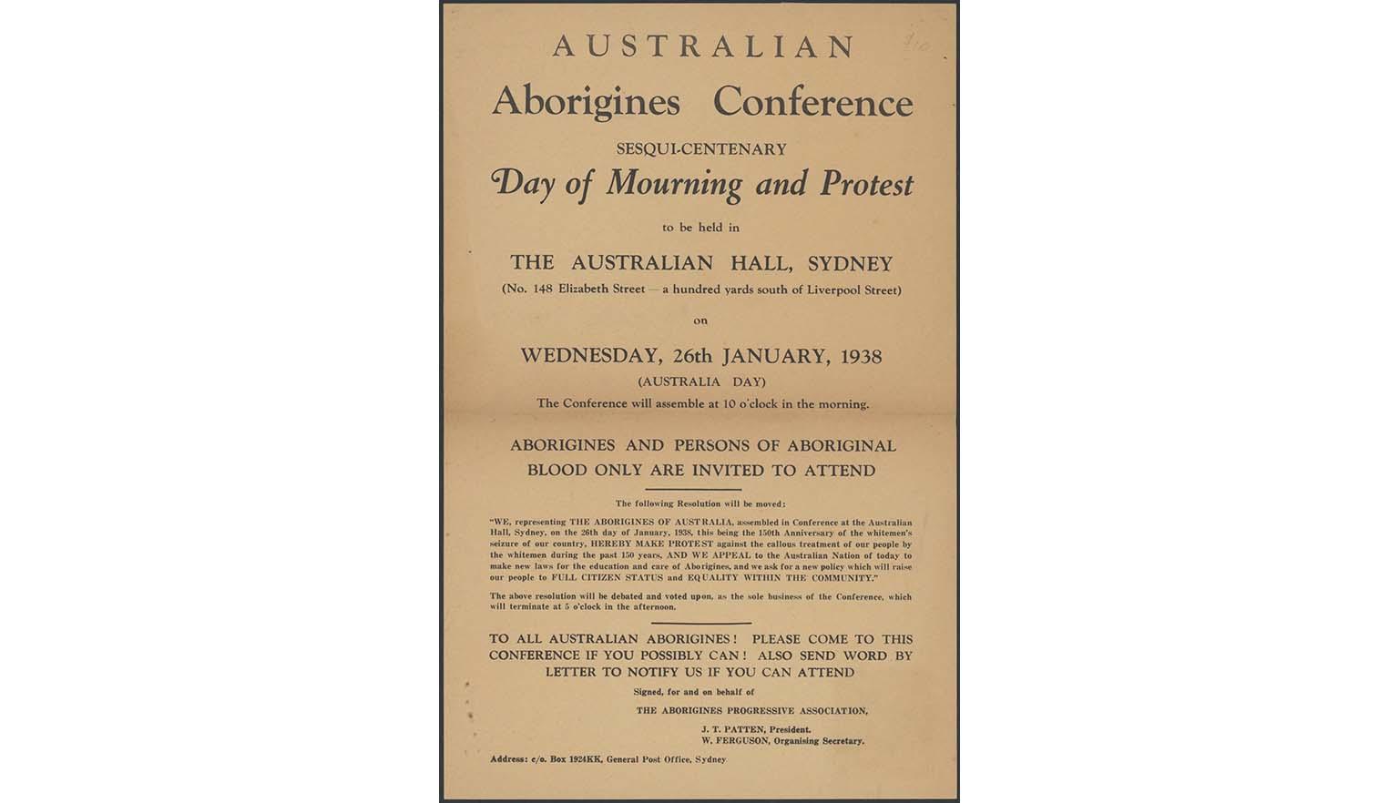 A buff coloured poster saying 'Australian Aborigines Conference, sesqui-centenary Day of Mourning and Protest'.