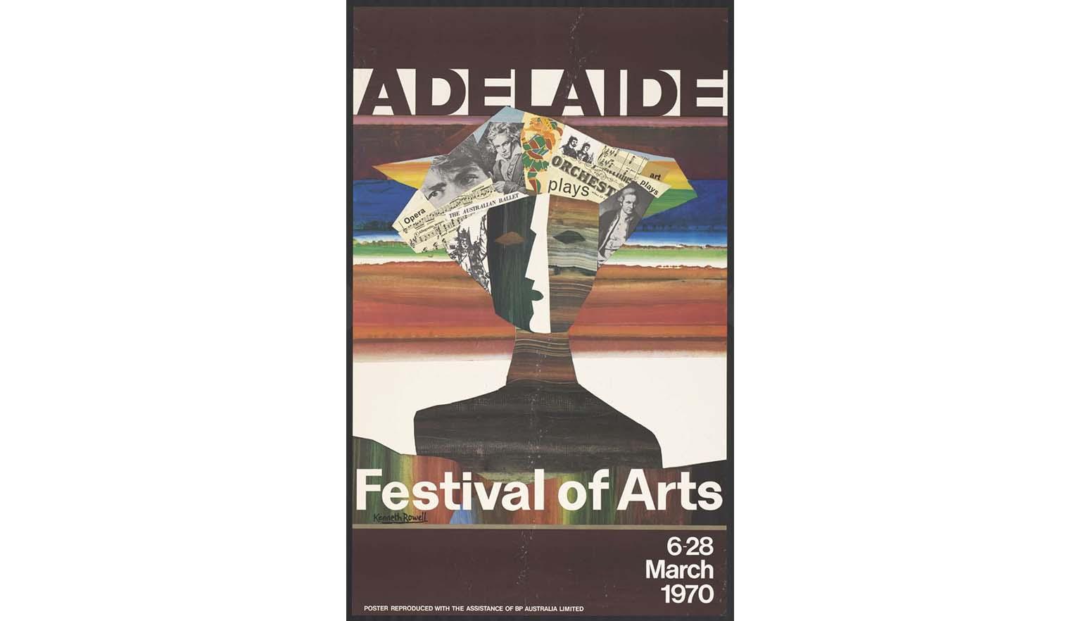 Colourful collage poster advertising the 1970 Adelaide Festival; depicts a person made up of newspaper clippings