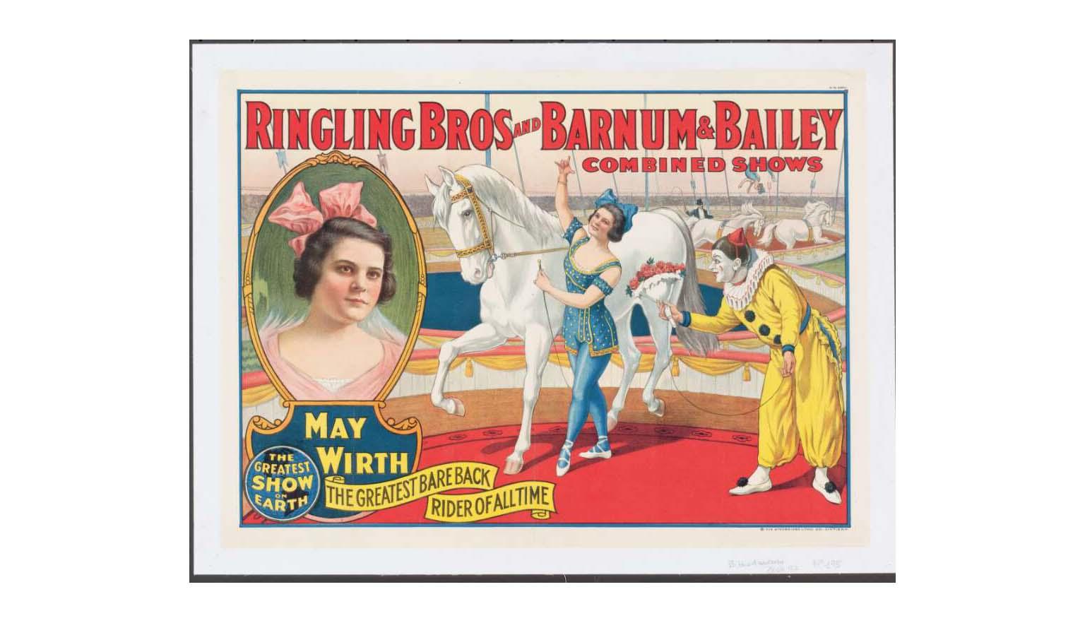 Poster depicts a woman in blue walking alongside a horse; a clown in a yellow suit stands next to her