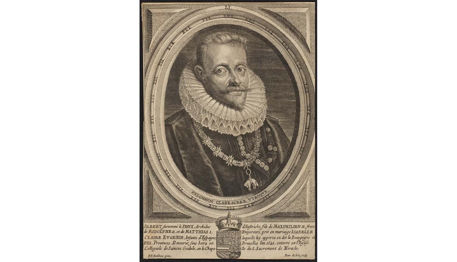 An engraved print of a man. He is wearing a ruffled collar and a coat. He has a large necklace around his neck. He has a pointy beard and moustache. Below his portrait is a crest.