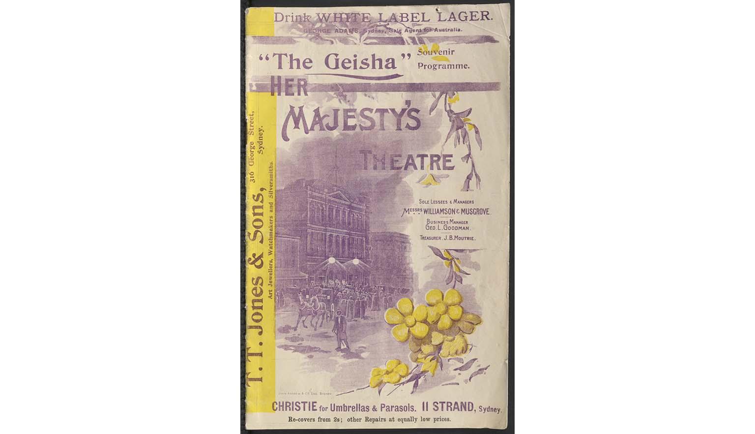 Program advertising a play called The Geisha at Sydney's Her Majesty's Theatre